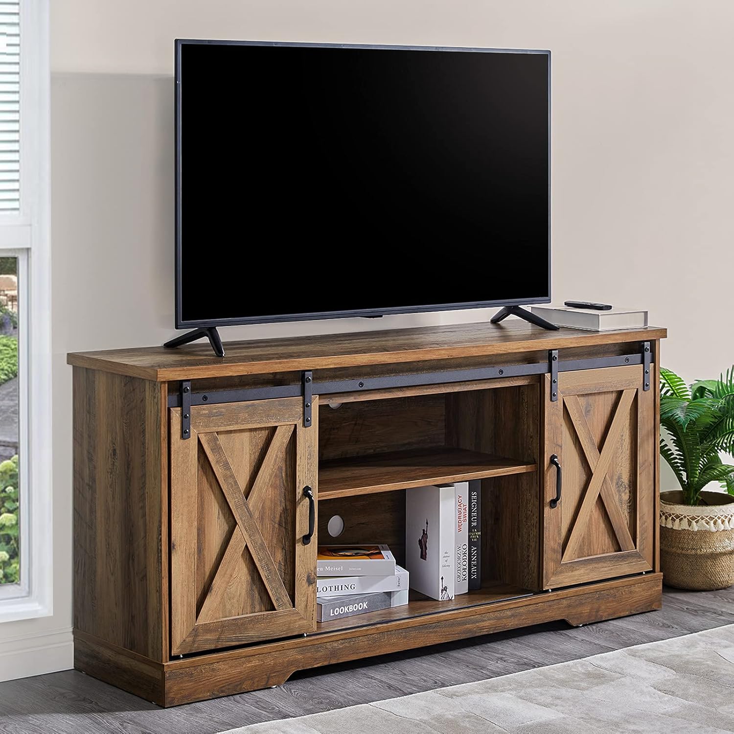 Reclaimed Barnwood TV Stand with Sliding Barn Door N7234