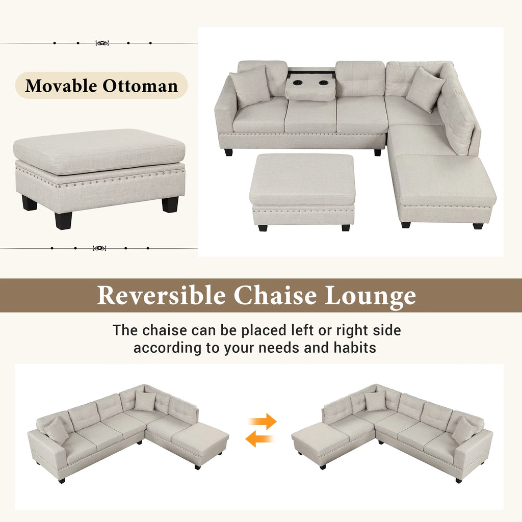 Light Gray Sectional Sofa with Storage Ottoman and Cup Holder Y99821