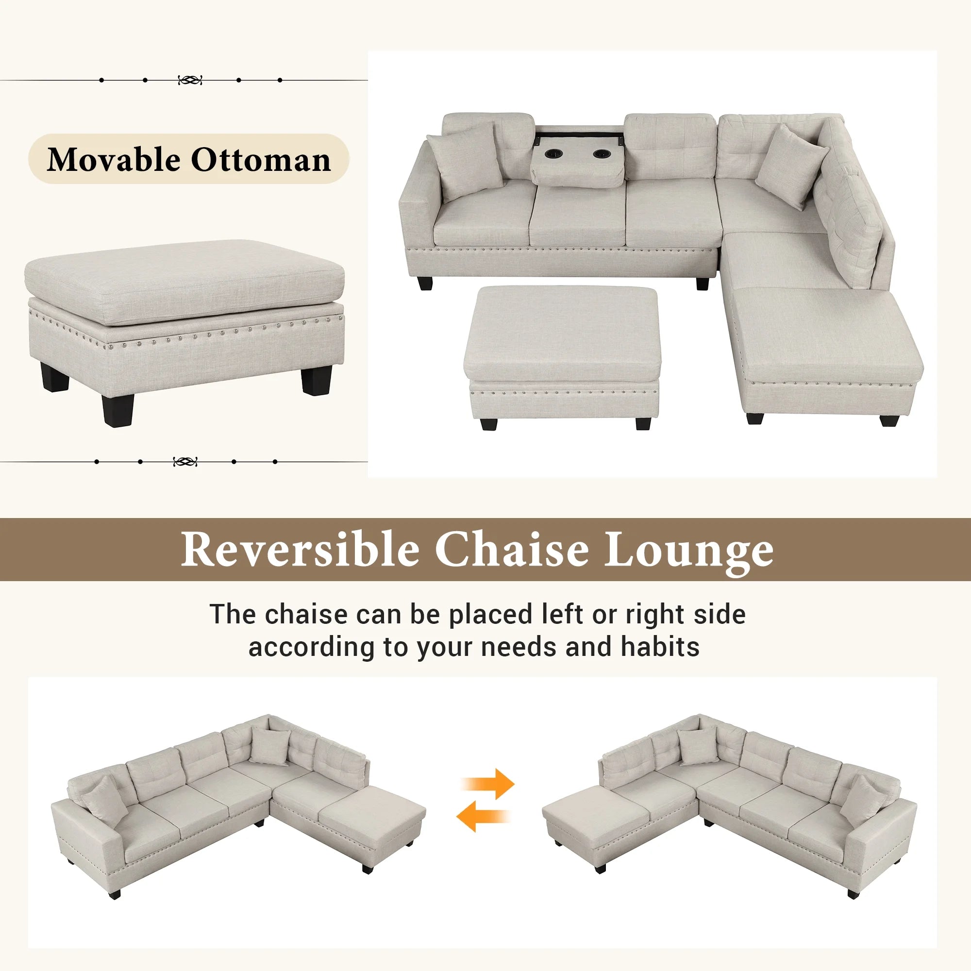 Light Gray Sectional Sofa with Storage Ottoman and Cup Holder Y99821