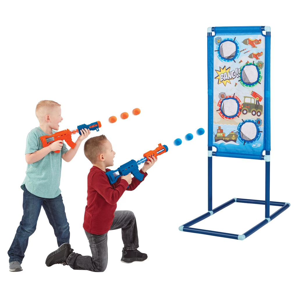 2pk 24ct Soft Foam Balls and 2 Pump Action Blaster Guns with Standing Shooting Target G43003