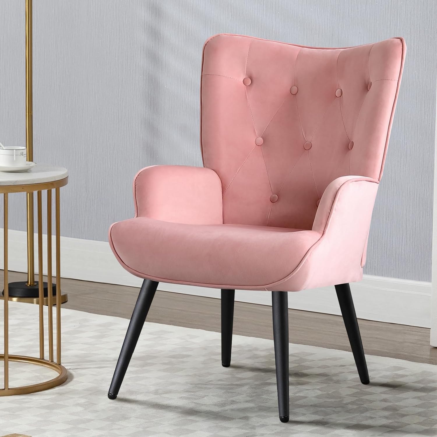 Pink Velvet Tufted Wingback Accent Chair with Solid Metal Legs V161594