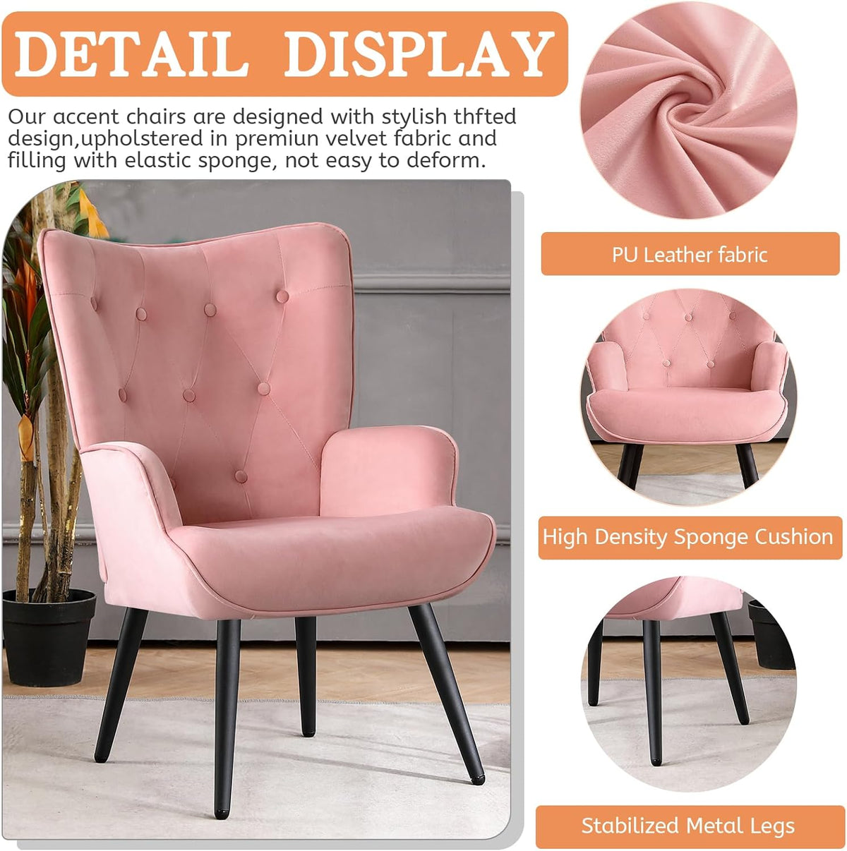 Pink Velvet Tufted Wingback Accent Chair with Solid Metal Legs V161594