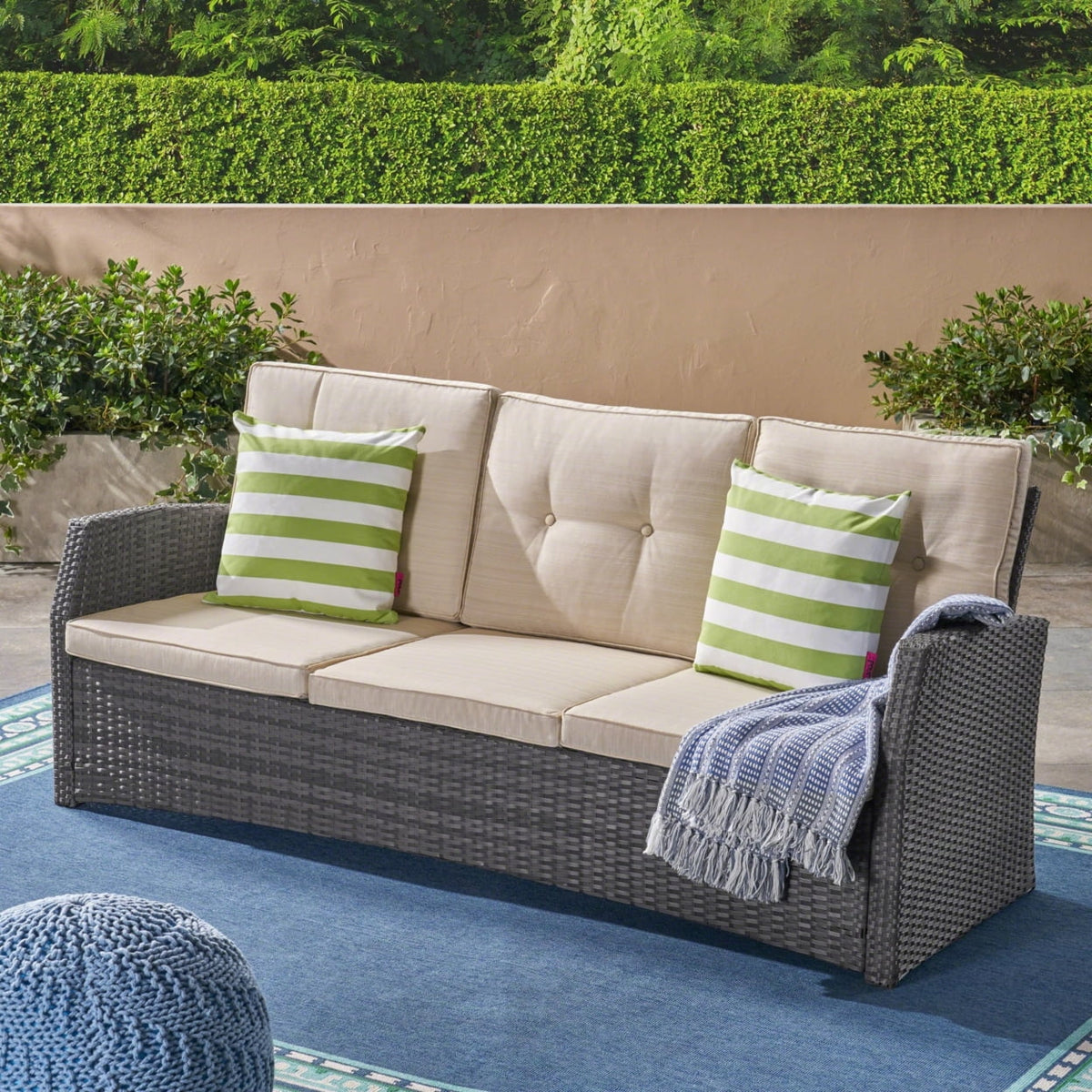 Beige and Dark Brown Outdoor Wicker 3 Seater Sofa with Tufted Cushions N36916