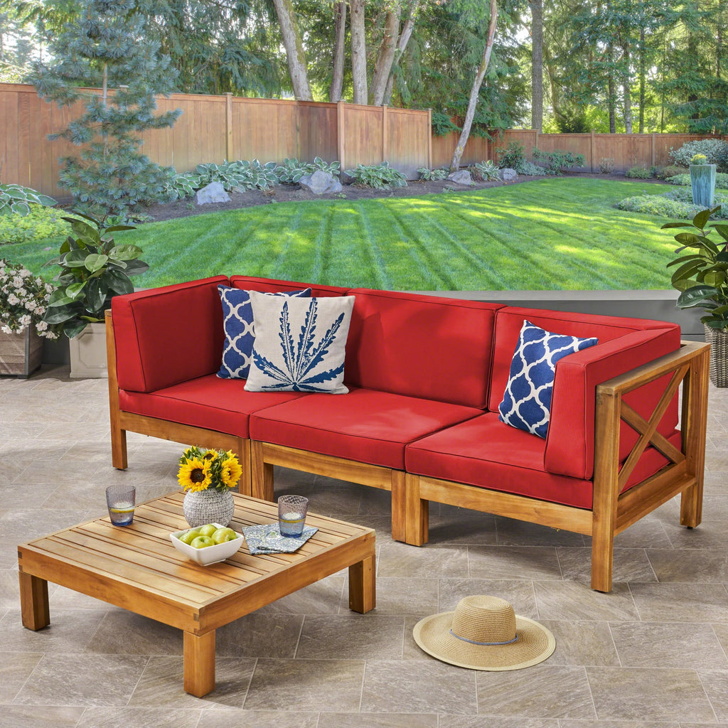 Red and Teak Acacia Wood Sofa and Coffee Table Set Y425