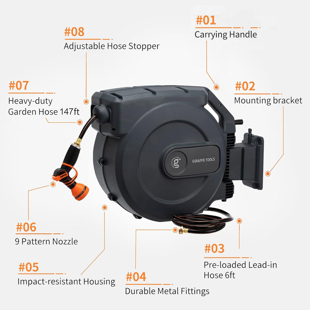 Retractable Wall Mounted Garden Hose Reel 1/2" x 147 ft with Automatic Rewind U165278
