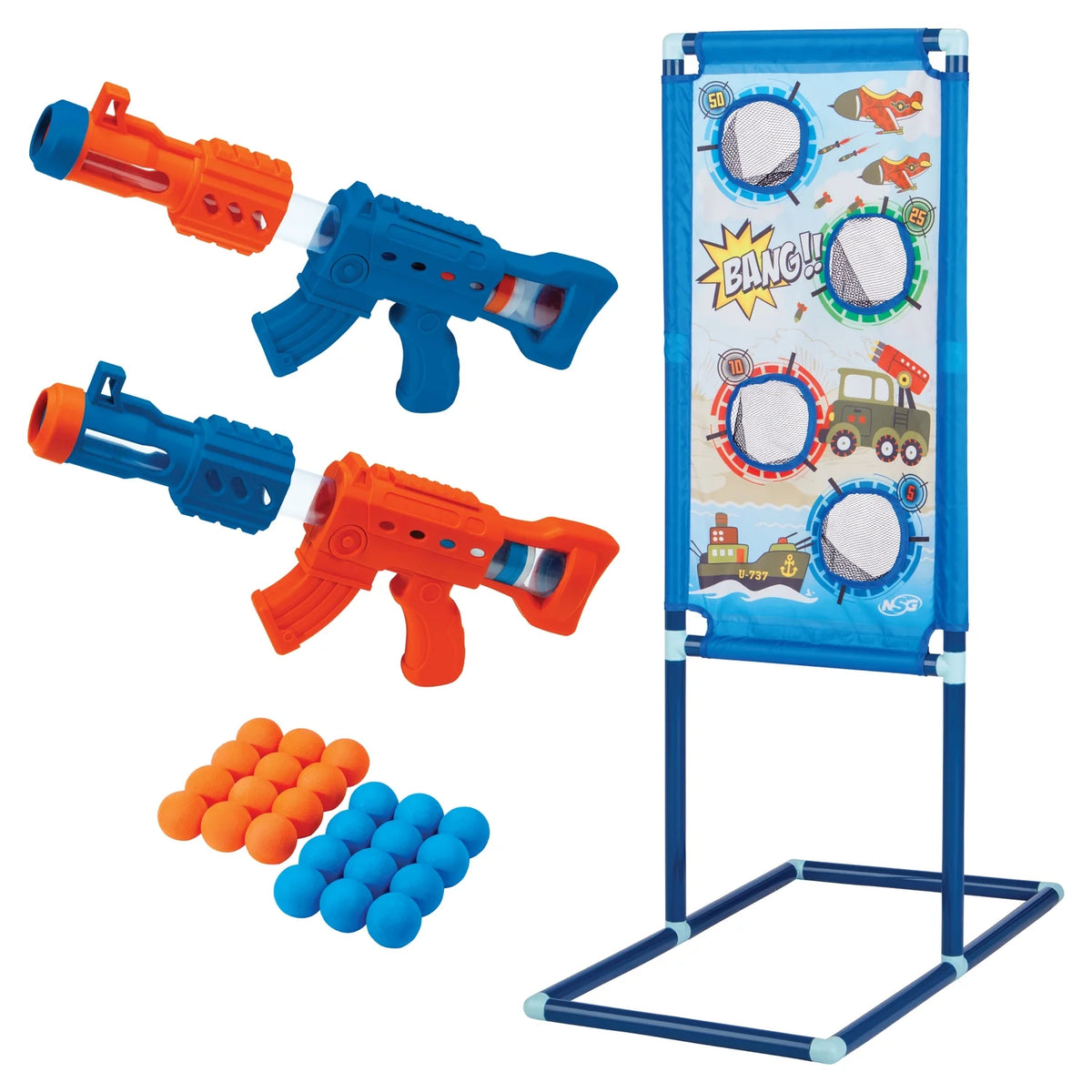 2pk 24ct Soft Foam Balls and 2 Pump Action Blaster Guns with Standing Shooting Target G43003