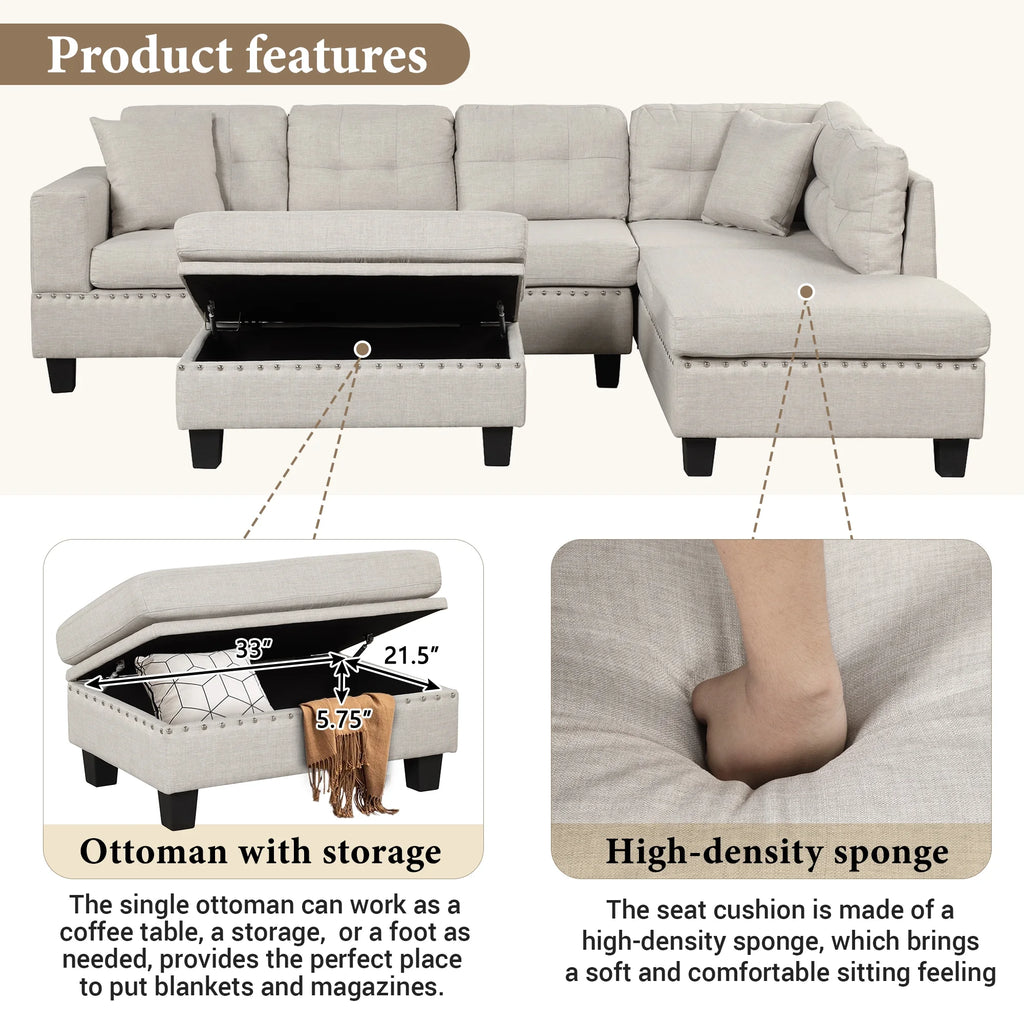 Light Gray Sectional Sofa with Storage Ottoman and Cup Holder Y99821