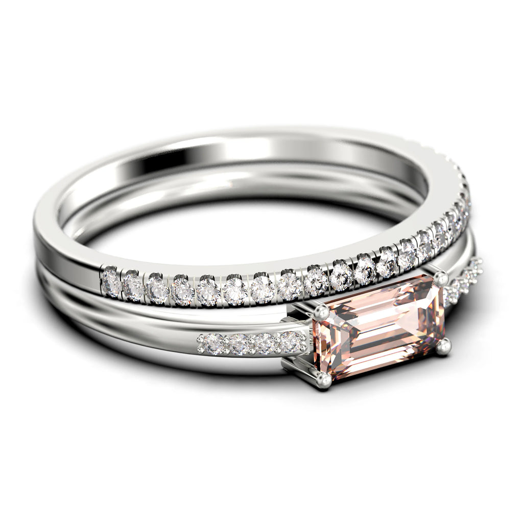 1.45 Carat Emerald Cut Morganite And Diamond Moissanite Engagement Ring in Silver With 18k White Gold Plating T84902