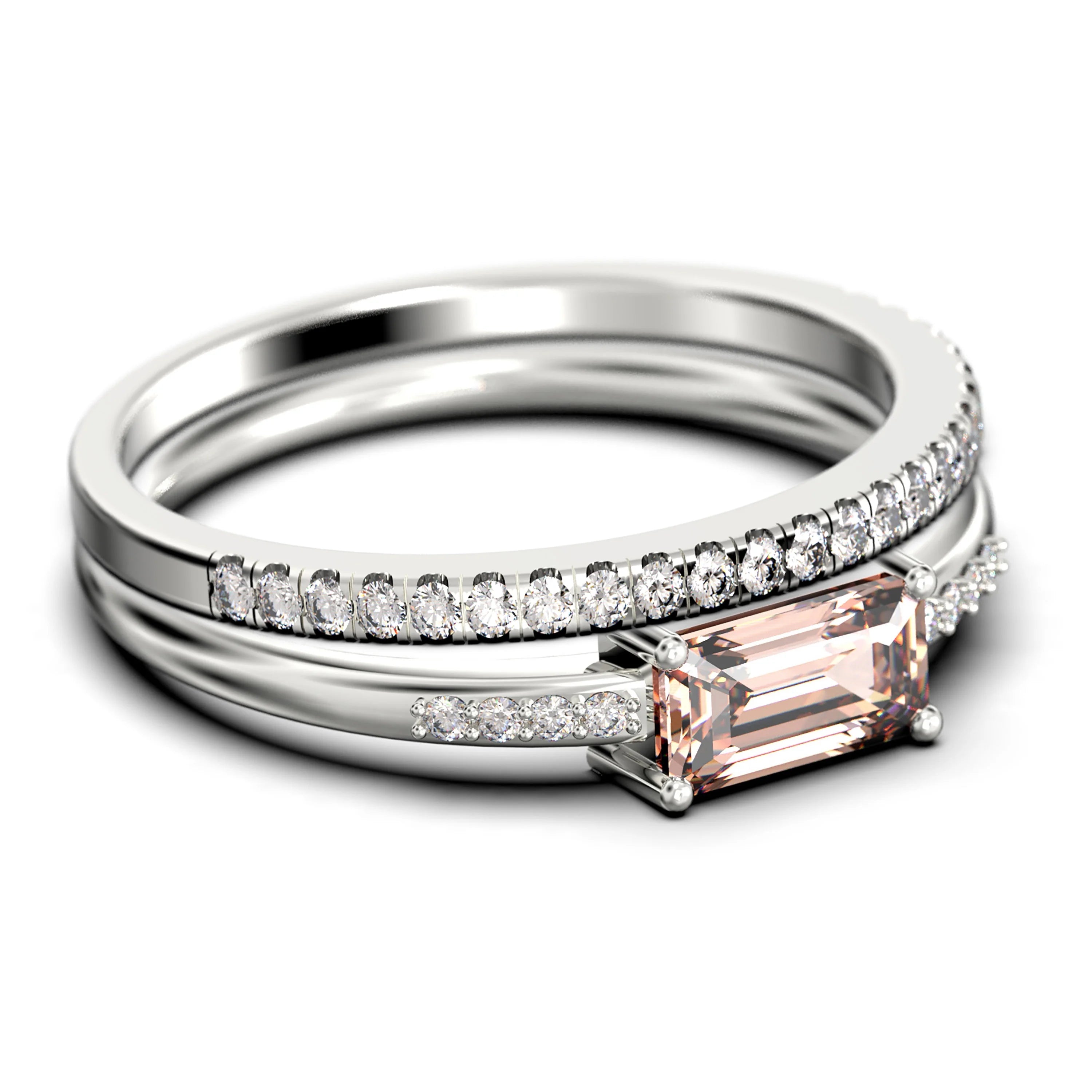 1.45 Carat Emerald Cut Morganite And Diamond Moissanite Engagement Ring in Silver With 18k White Gold Plating T84902