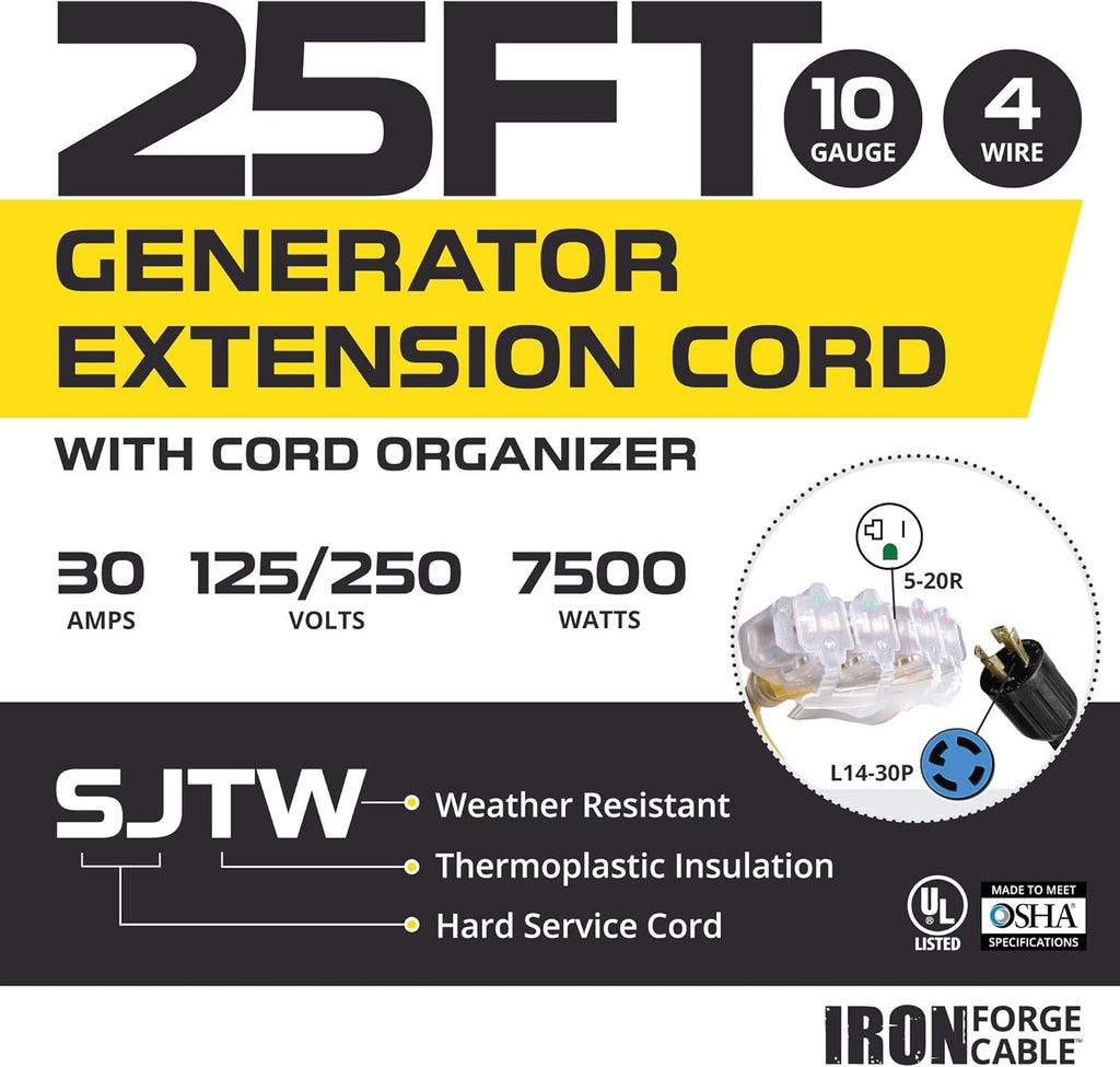 25 Ft 4 Outlet 10/4 SJTW Generator Power Cable, Pack of 2 C216