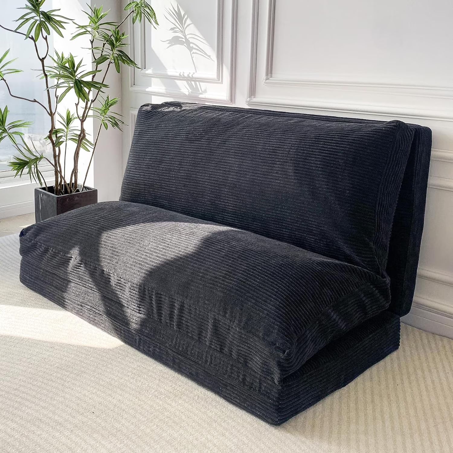 Black Corded Washable Bean Bag Bed Folding Sofa Bed Floor Mattress, 39x95 Inch L652