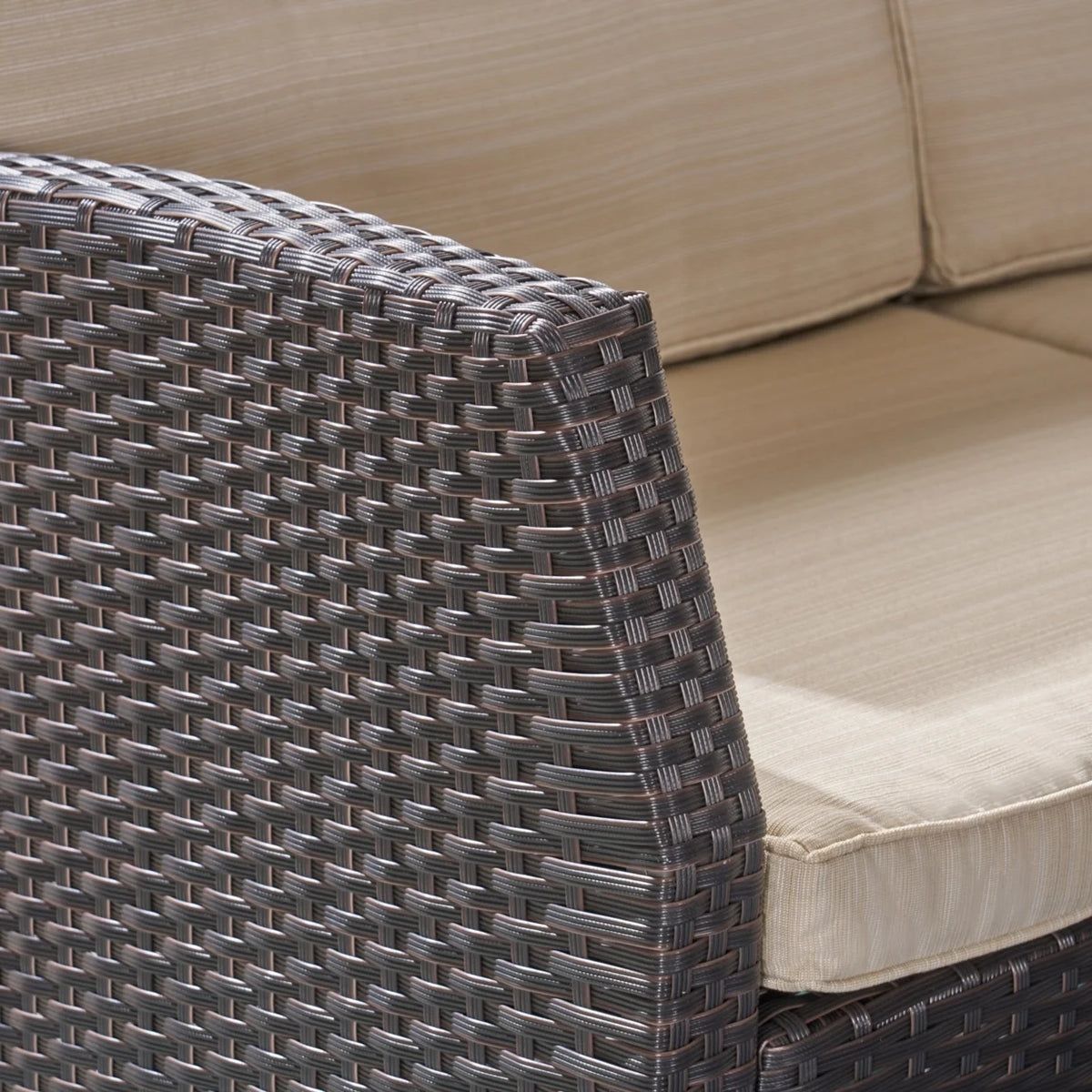 Beige and Dark Brown Outdoor Wicker 3 Seater Sofa with Tufted Cushions N36916
