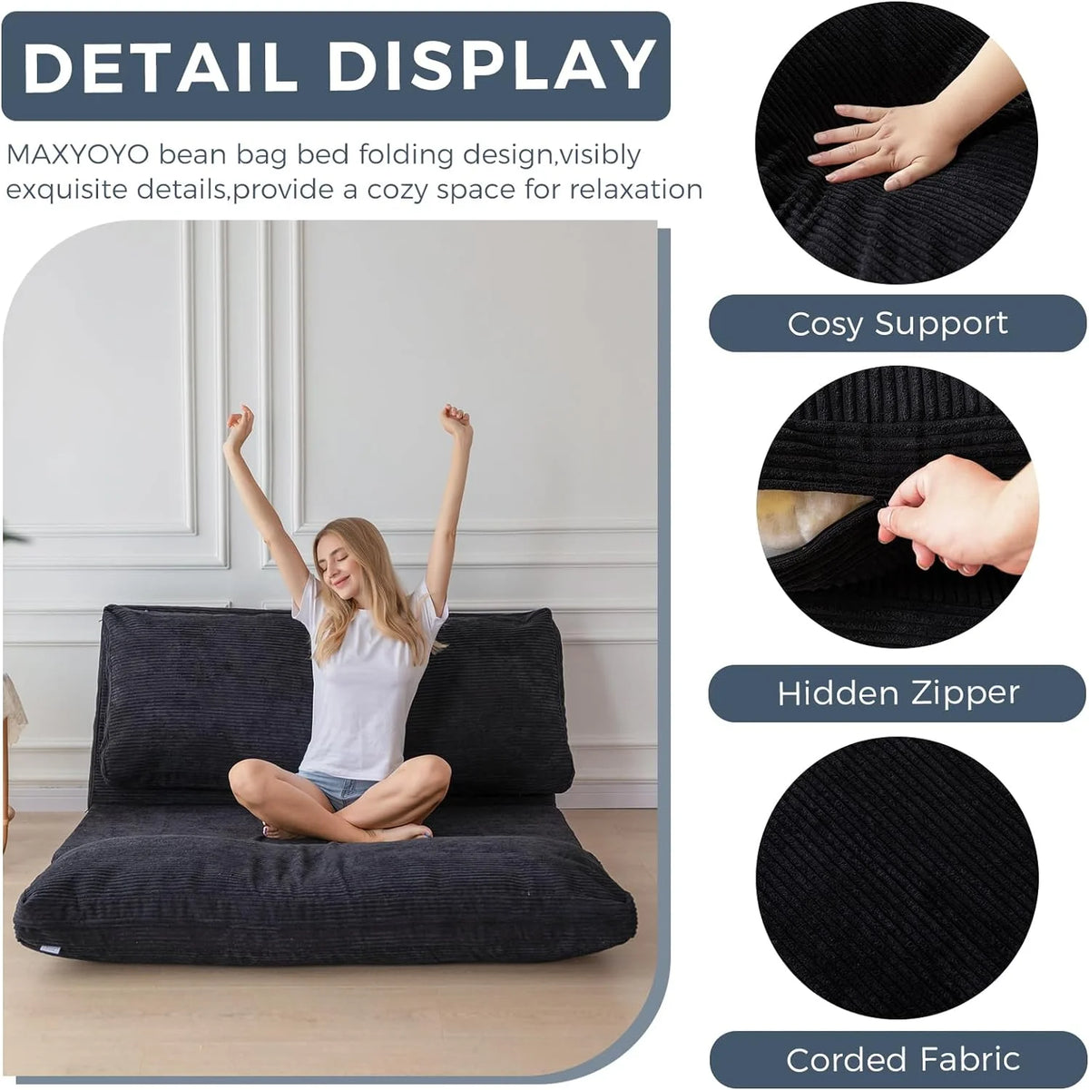 Black Corded Washable Bean Bag Bed Folding Sofa Bed Floor Mattress, 39x95 Inch L652