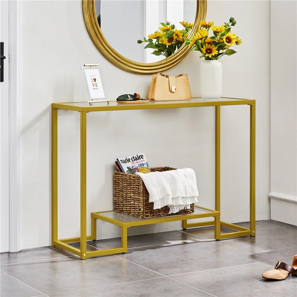 Gold Tempered Glass Console Table with Metal Frame T4429