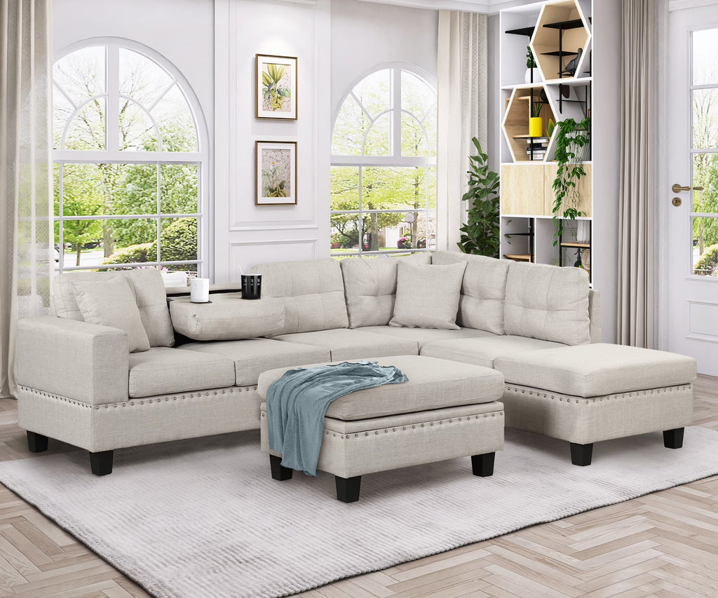 Light Gray Sectional Sofa with Storage Ottoman and Cup Holder Y99821