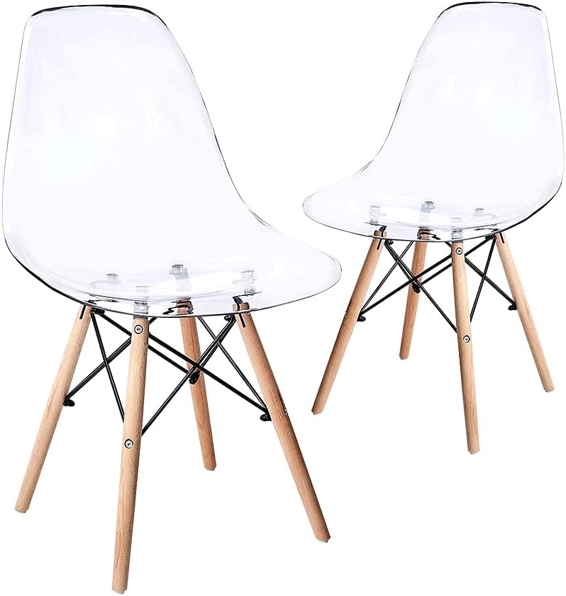 Clear Plastic Side Chair with Natural Wood Legs, Set of 2 M98387
