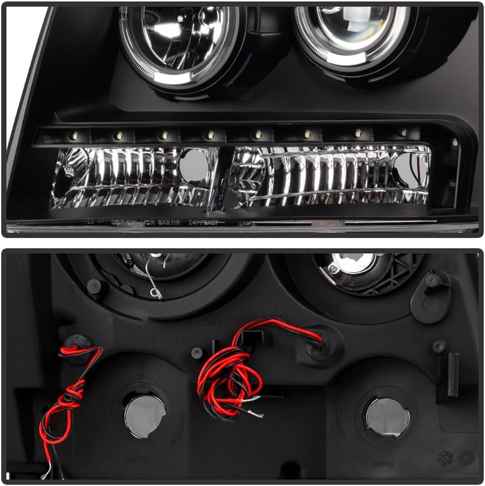Black 2007-2013 Chevy Suburban Tahoe Avalanche LED DRL Halo Projector Headlights Driver + Passenger Side D5904