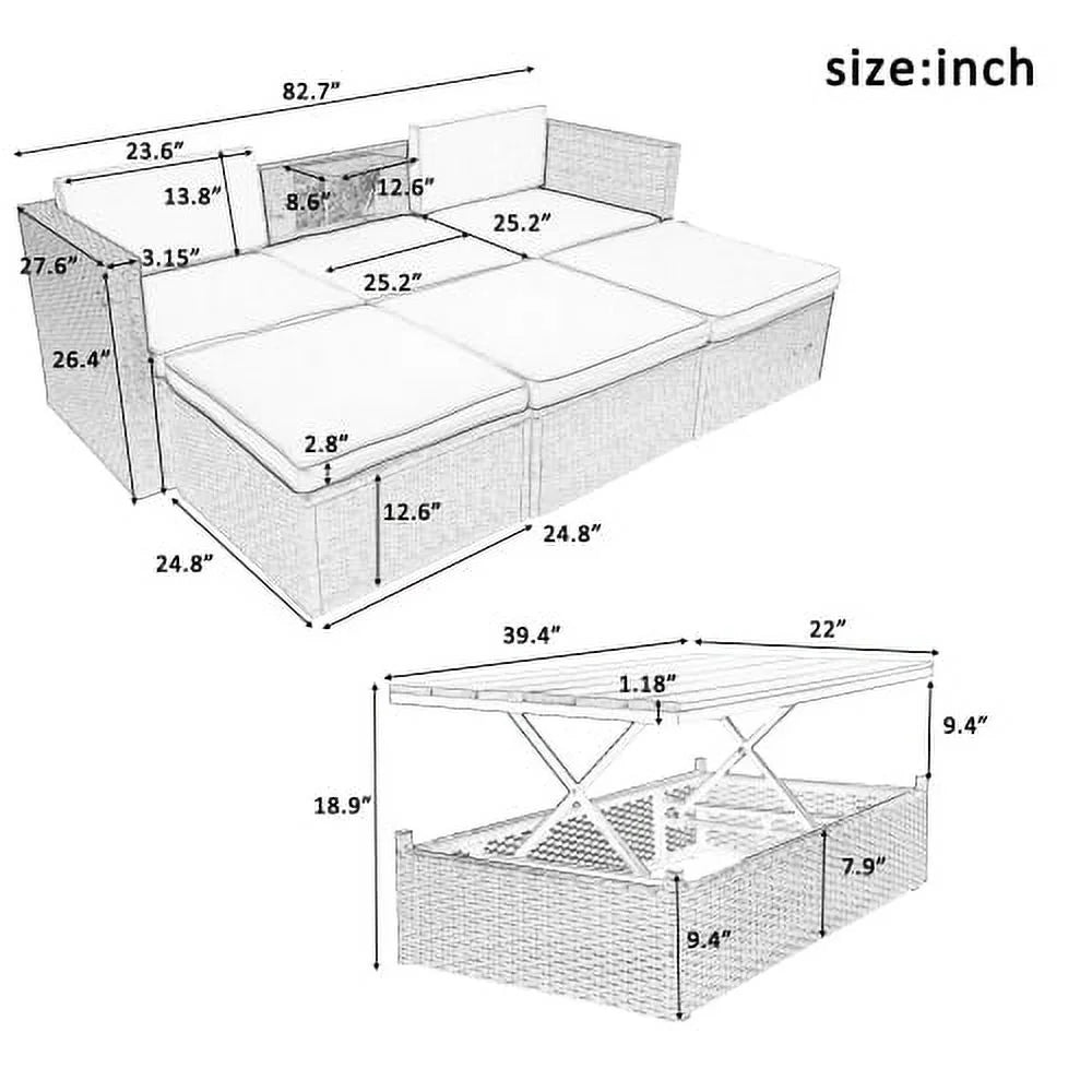 5-Piece Patio Wicker Sofa with Ottomans and Lift Top Coffee Table O7230