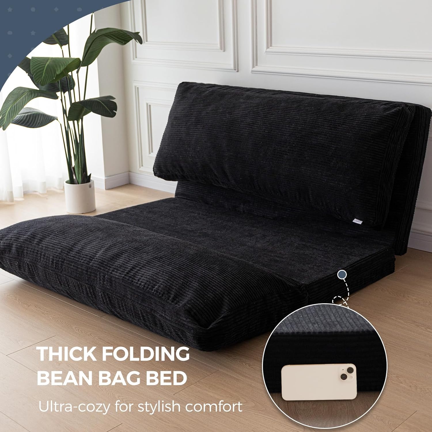 Black Corded Washable Bean Bag Bed Folding Sofa Bed Floor Mattress, 39x95 Inch L652