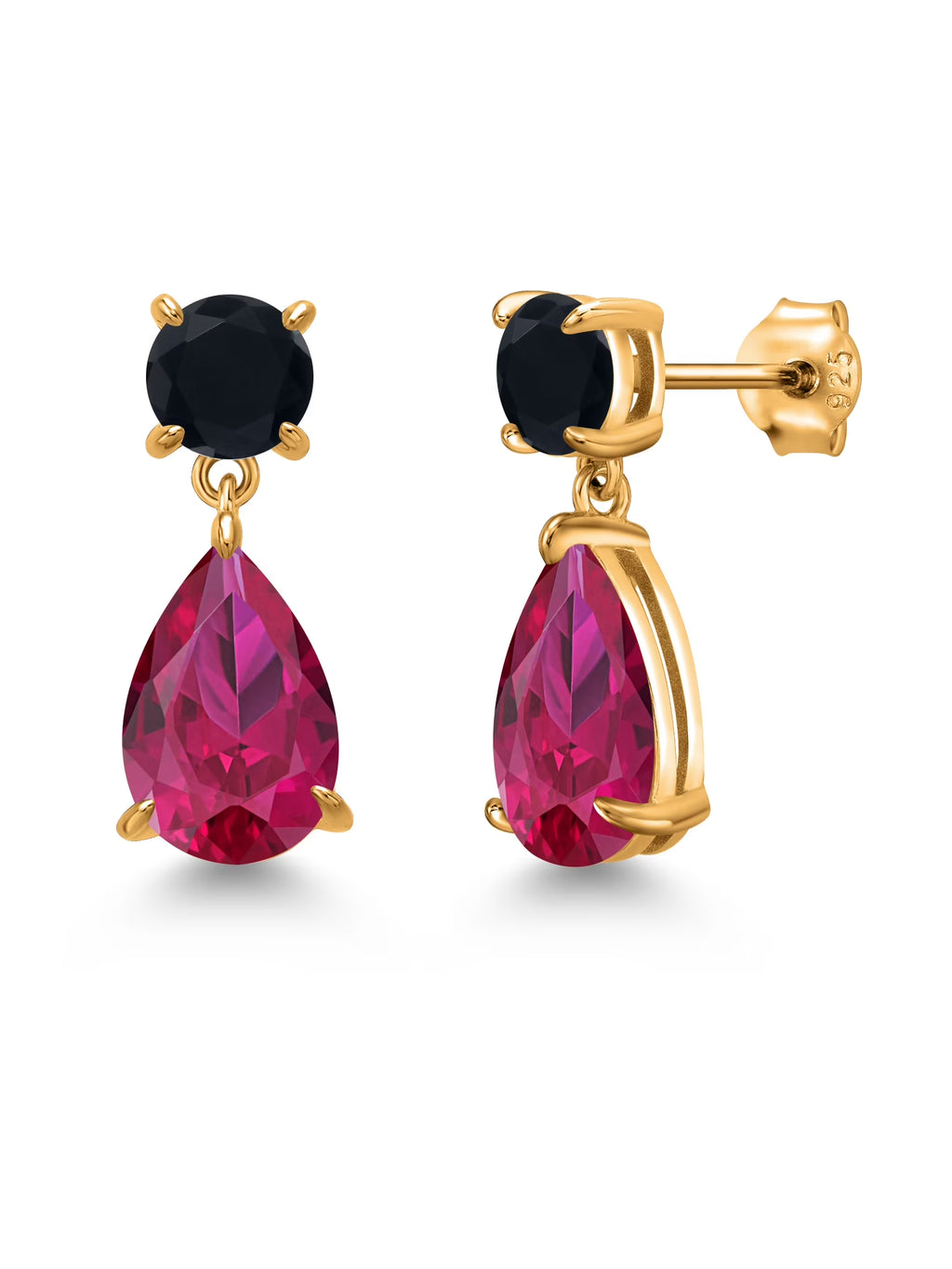 18K Yellow Gold Plated Red Created Ruby and Black Onyx Teardrop Dangle Earrings N56047