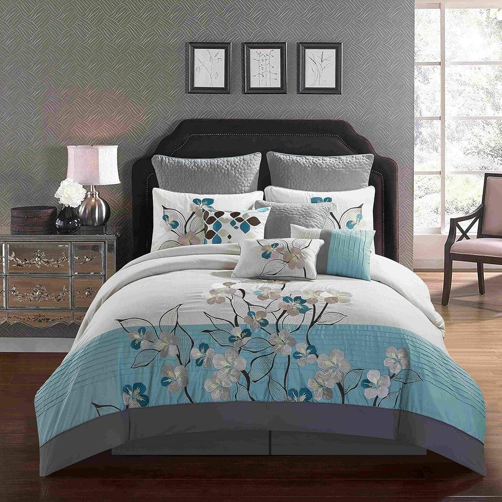 7 Piece Embroidered Over-Sized Comforter Set Queen Purple Grey B88869