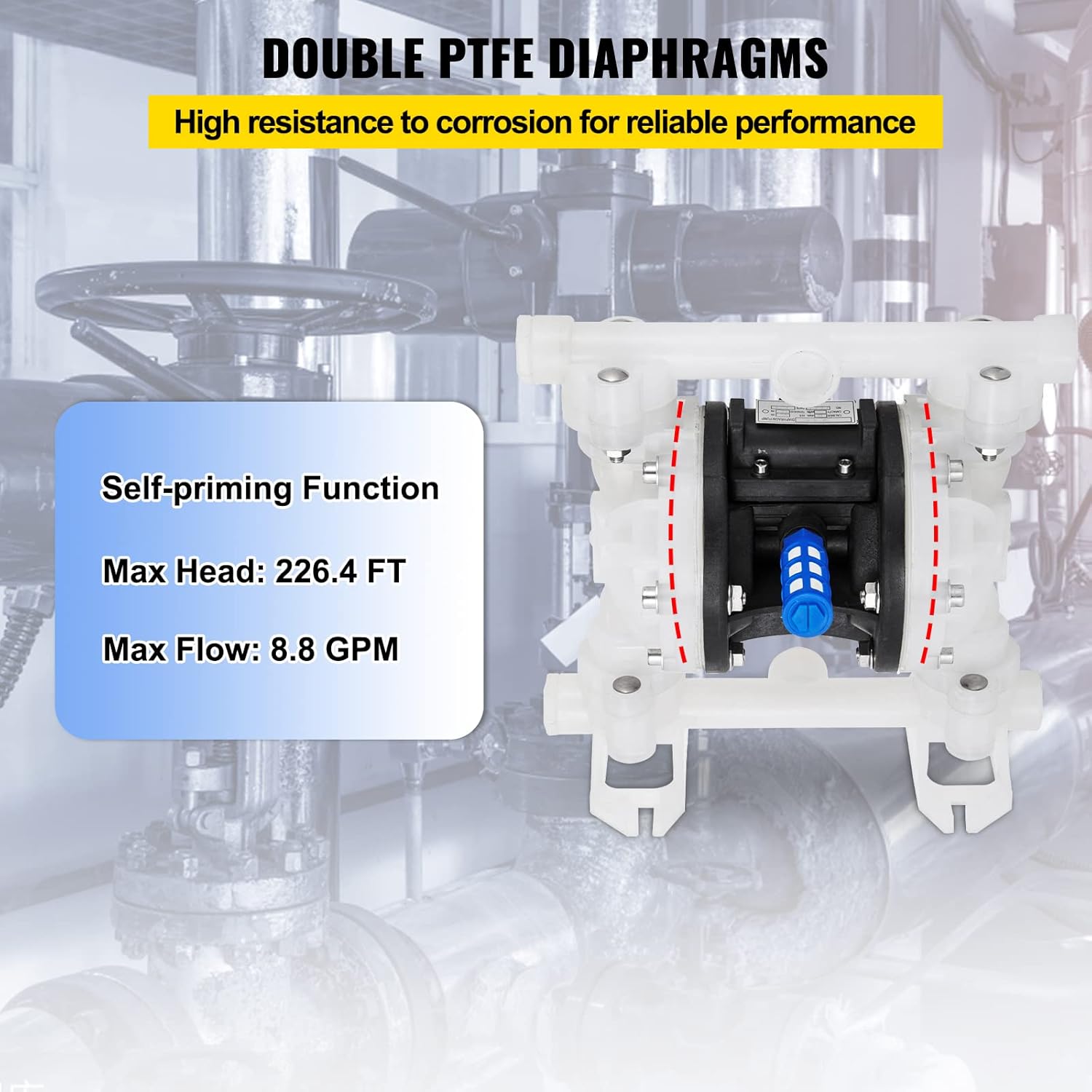 1/2 inch Air-Operated Double Diaphragm Pump 7GPM Max Flow Pneumatic Nitrile 100PSI U8516