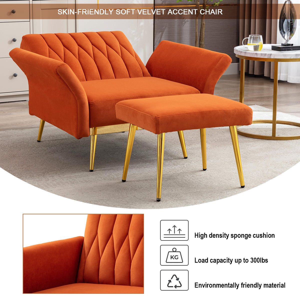 Orange Velvet Accent Chair with Ottoman G578749