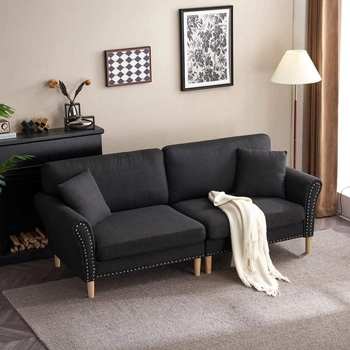 Black Upholstered 2-Seat Loveseat Sofa with 2 Pillows T828