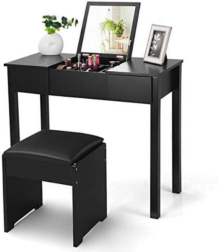 Black Vanity Set with Flip Top Mirror and Cushioned Stool H8893