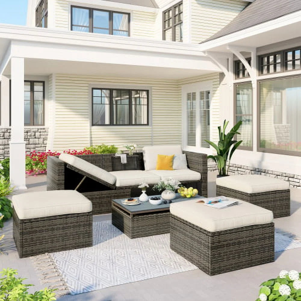 5-Piece Patio Wicker Sofa with Ottomans and Lift Top Coffee Table O7230