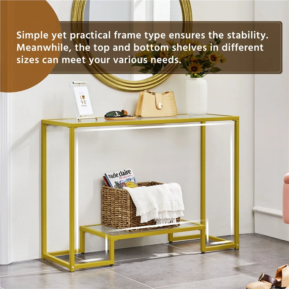 Gold Tempered Glass Console Table with Metal Frame T4429