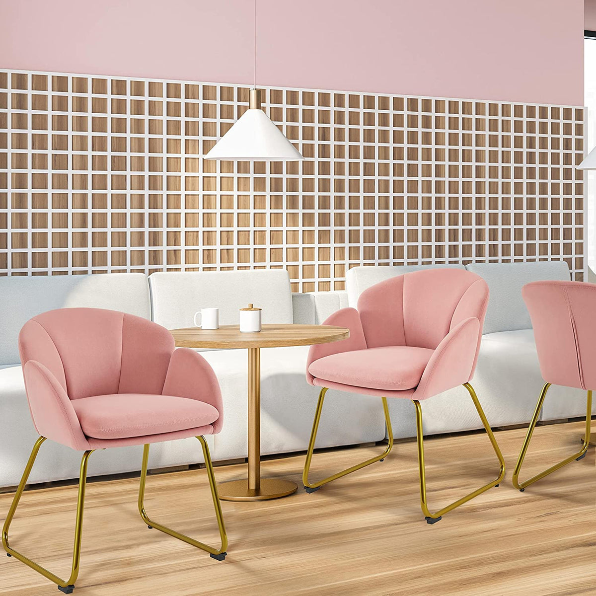 Pink Velvet Flower Shape Armchair with Golden Metal Legs, 2 Pieces A57644