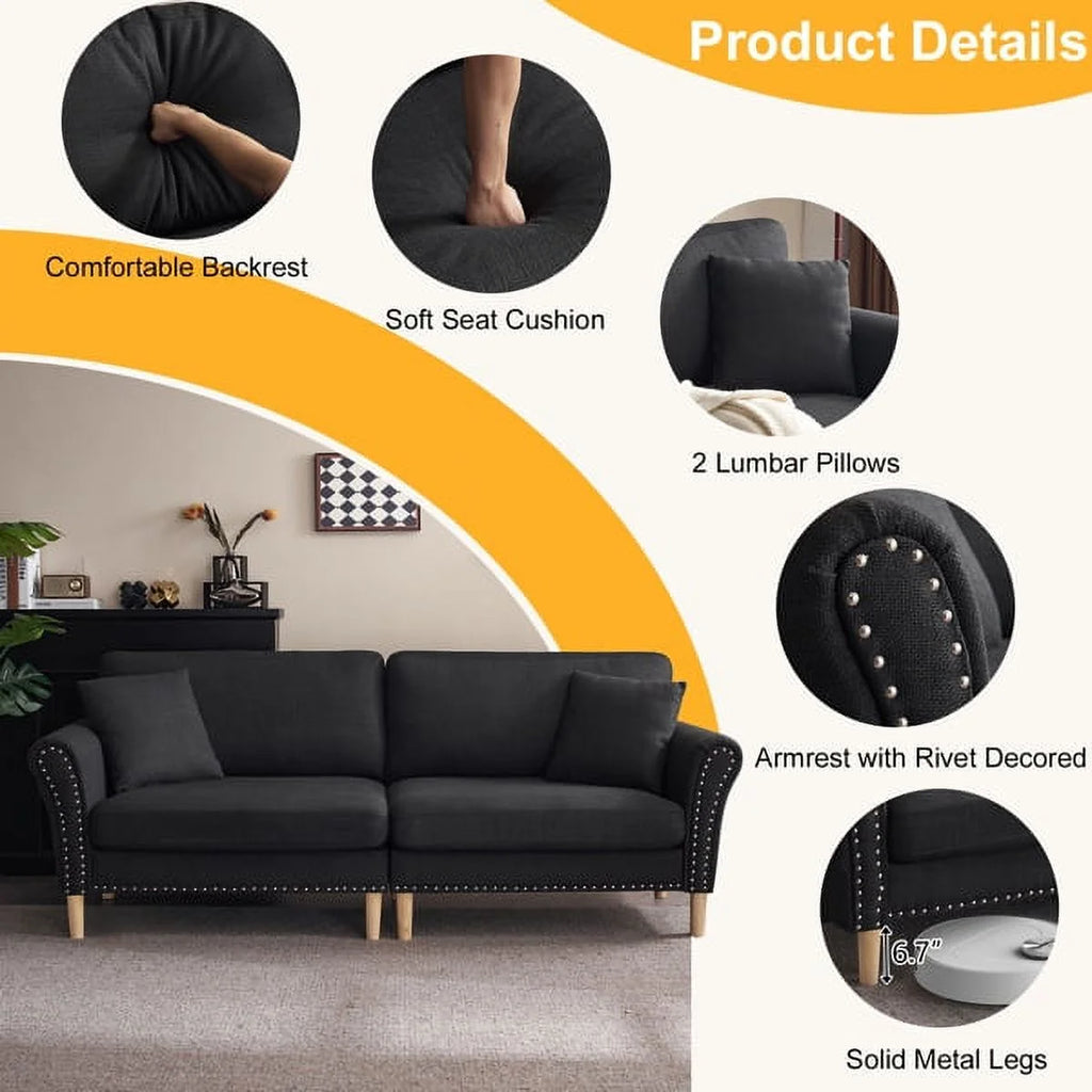 Black Upholstered 2-Seat Loveseat Sofa with 2 Pillows T828