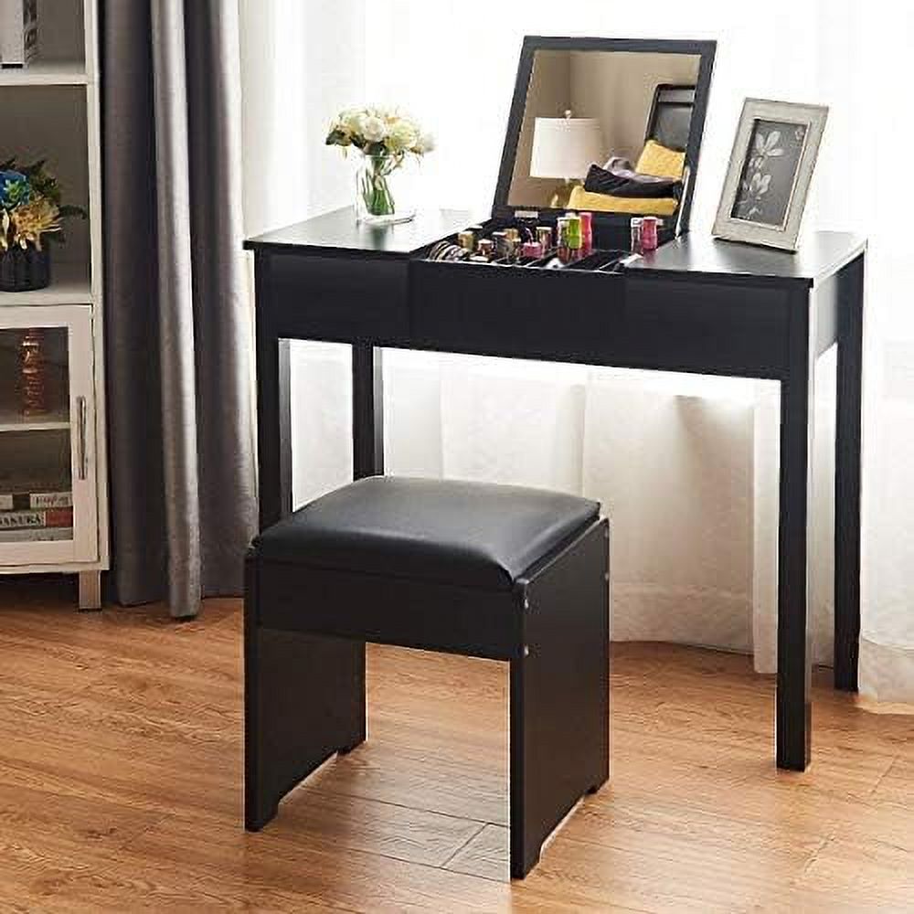 Black Vanity Set with Flip Top Mirror and Cushioned Stool H8893