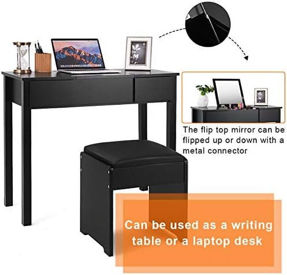 Black Vanity Set with Flip Top Mirror and Cushioned Stool H8893
