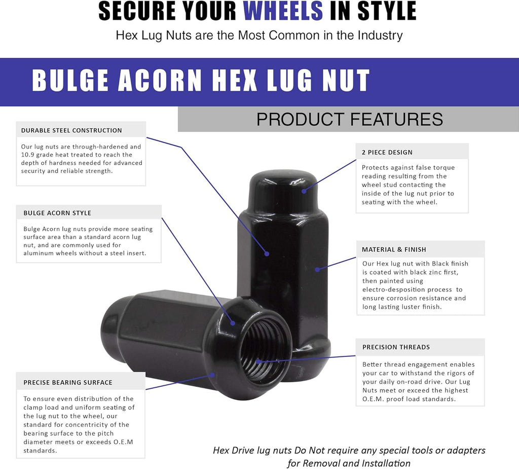 Set of 32 Black 1.90" Long Bulge Acorn Lug Nuts M14x1.50 Cone Seat I692783