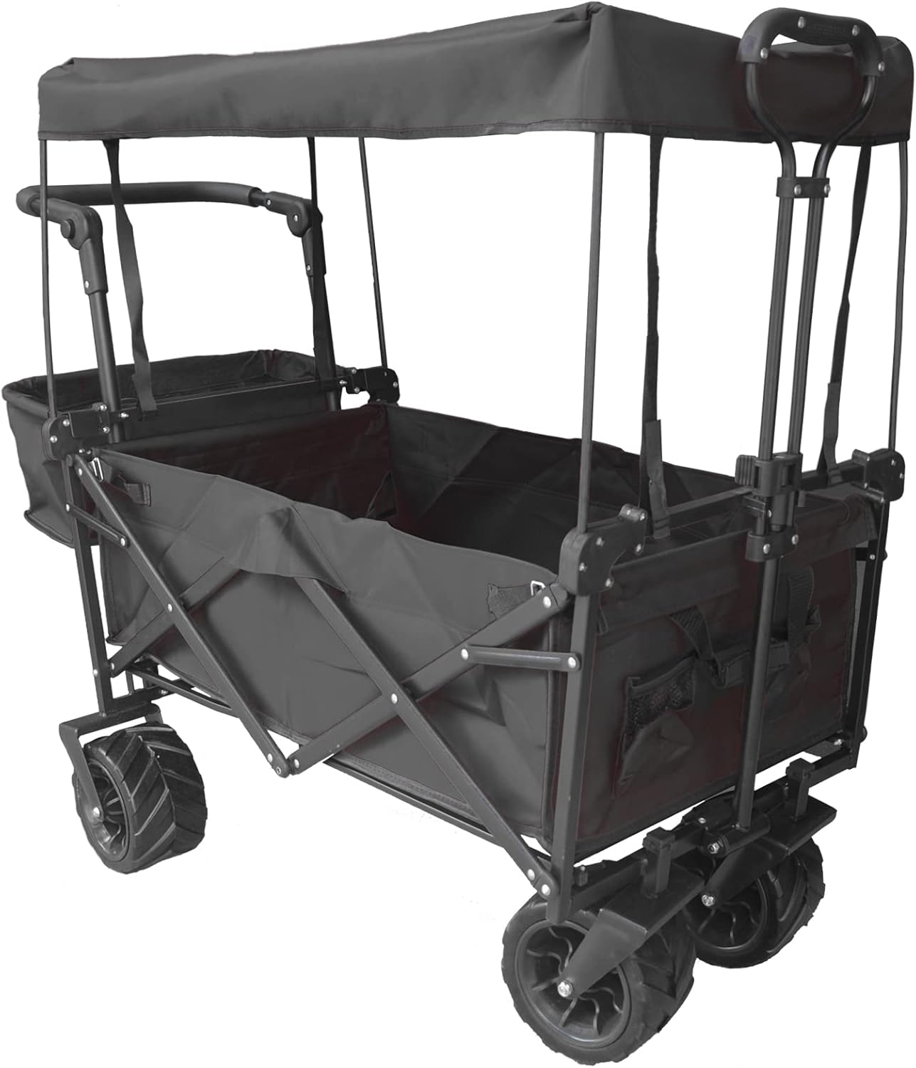 Collapsible Wagon Camping Garden Cart with Removable Canopy, Adjustable Push Handles and Brake (Black) A7536