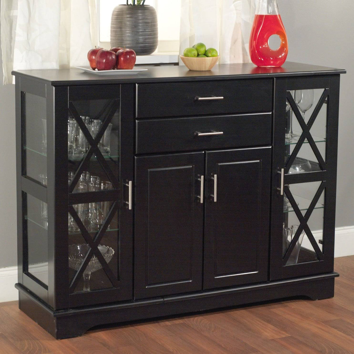 Black Wood Buffet Sideboard with Glass Doors U3359