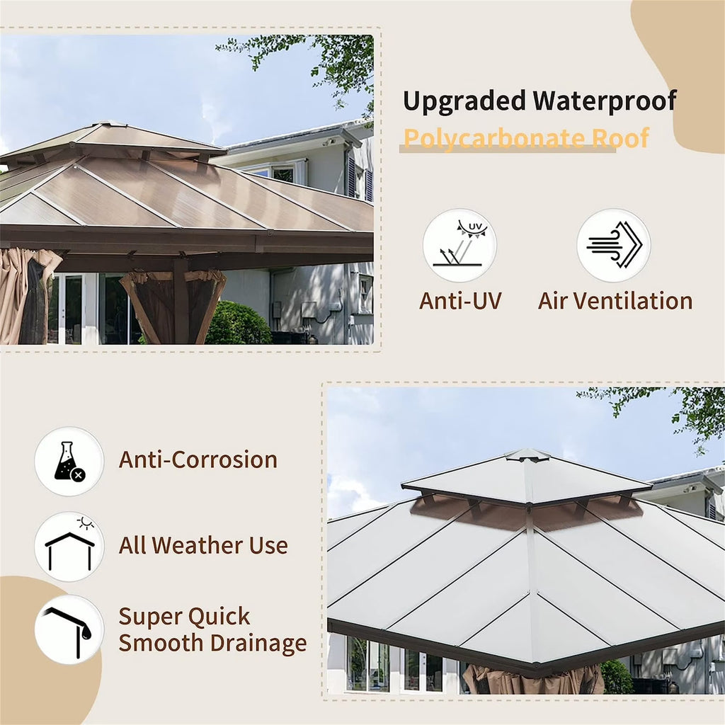 Hardtop Gazebo with Polycarbonate Double Roof, Aluminum Frame, Bug Netting & Privacy Curtains V511