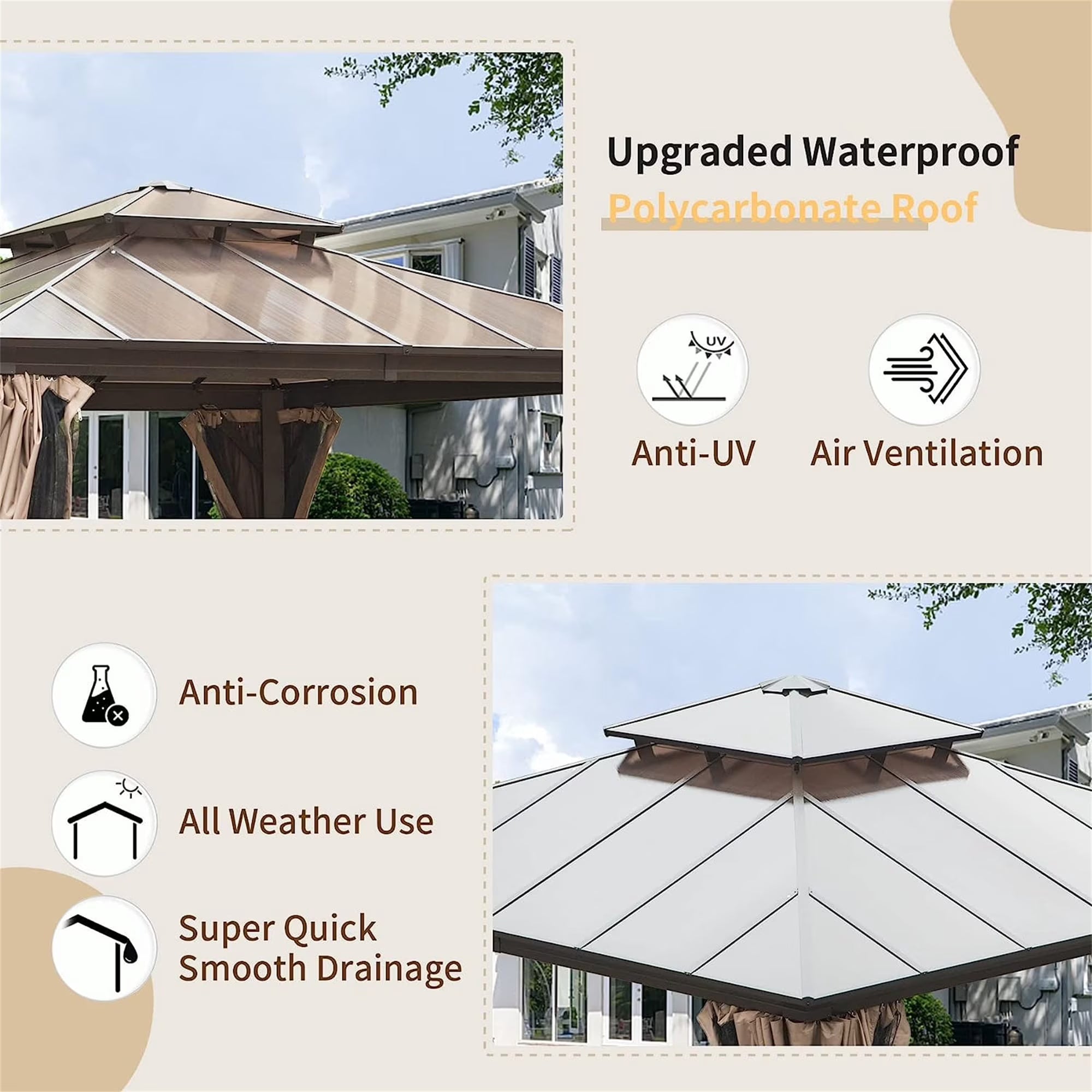 Hardtop Gazebo with Polycarbonate Double Roof, Aluminum Frame, Bug Netting & Privacy Curtains V511