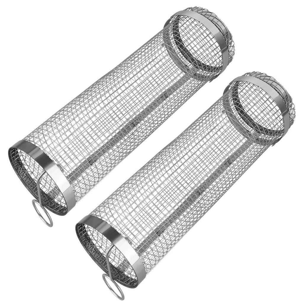 2Pcs Portable BBQ Rolling Basket Round Stainless Steel Grill Mesh with Removable Cover Z897542