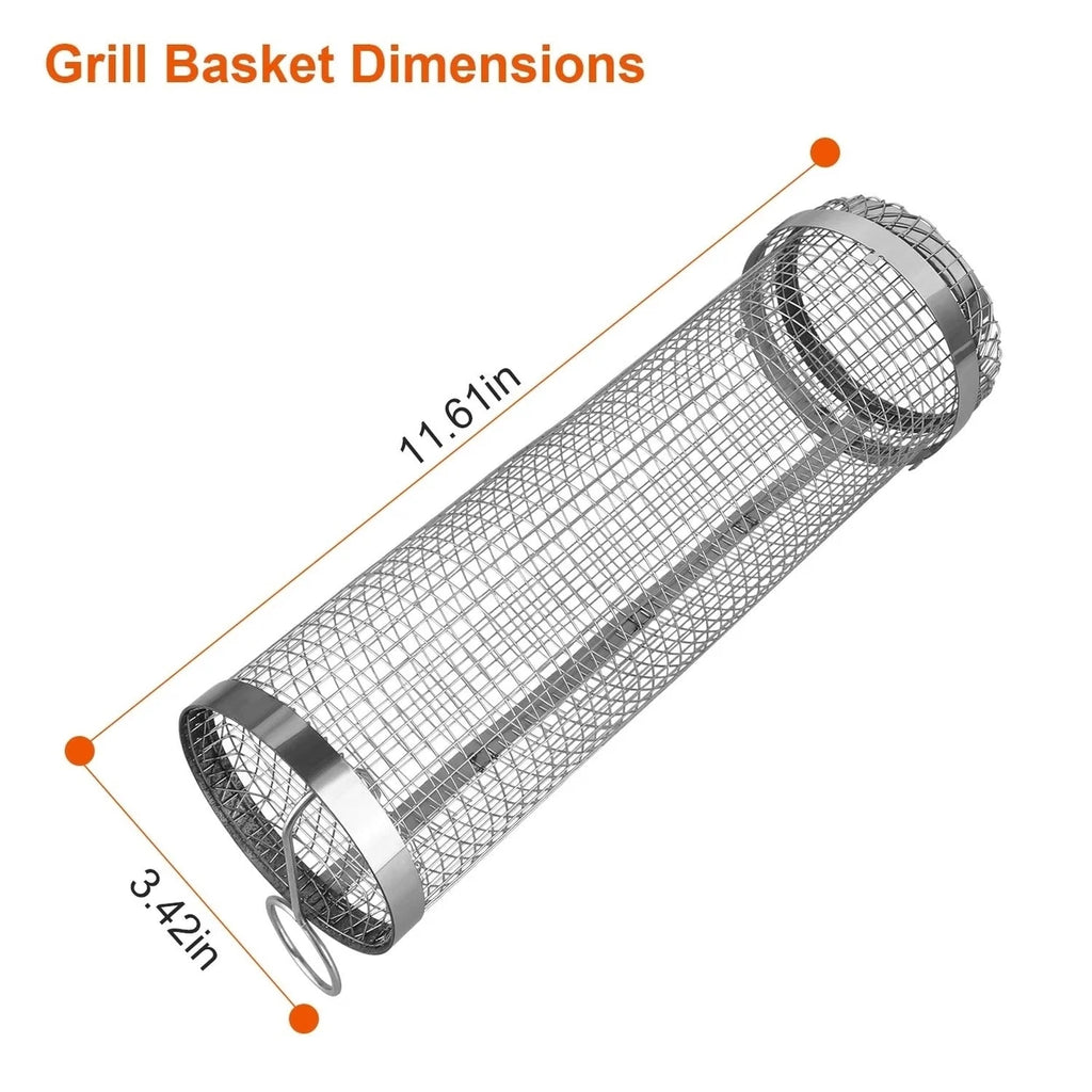 2Pcs Portable BBQ Rolling Basket Round Stainless Steel Grill Mesh with Removable Cover Z897542