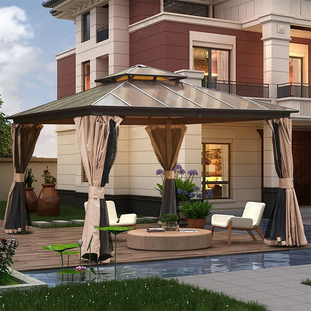 Hardtop Gazebo with Polycarbonate Double Roof, Aluminum Frame, Bug Netting & Privacy Curtains V511
