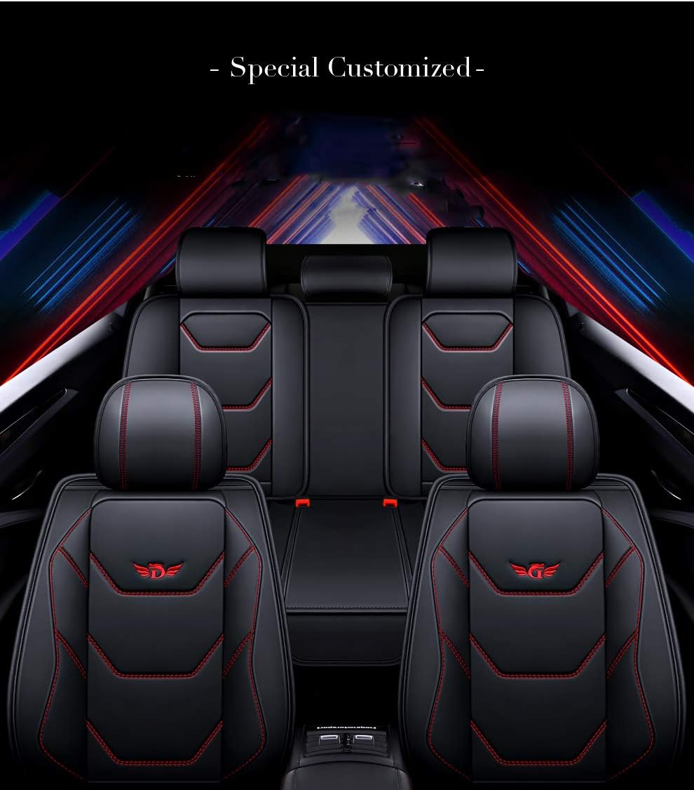 Black-Red PU Leather Car Seat Covers 5 Seats Full Set B4611