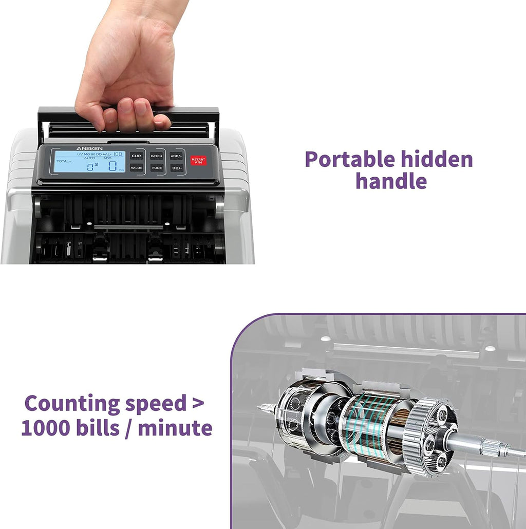 Money Counter Machine with UV/MG/IR/DD Counterfeit Detection, LCD Display, 1000 Bills/Min P18100