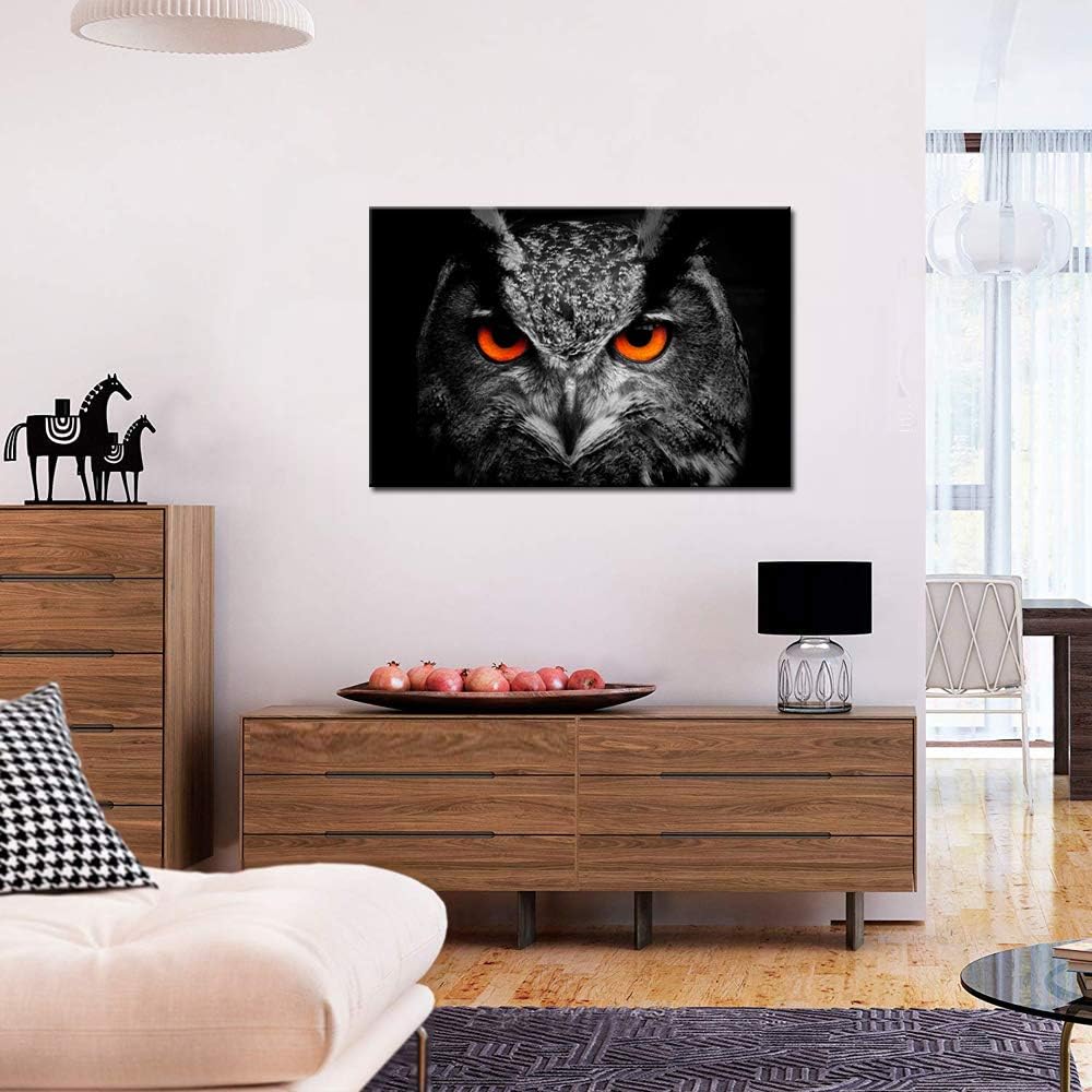 Black White Owl with Red Eyes Canvas Painting Framed Artwork F979