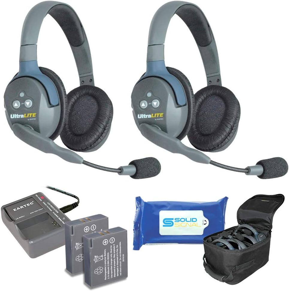 Full Duplex Wireless Headset Communication for 4 Users, 1 Single Ear and 3 Dual Ear Headsets with Cleaning Wipes Bundle B51296