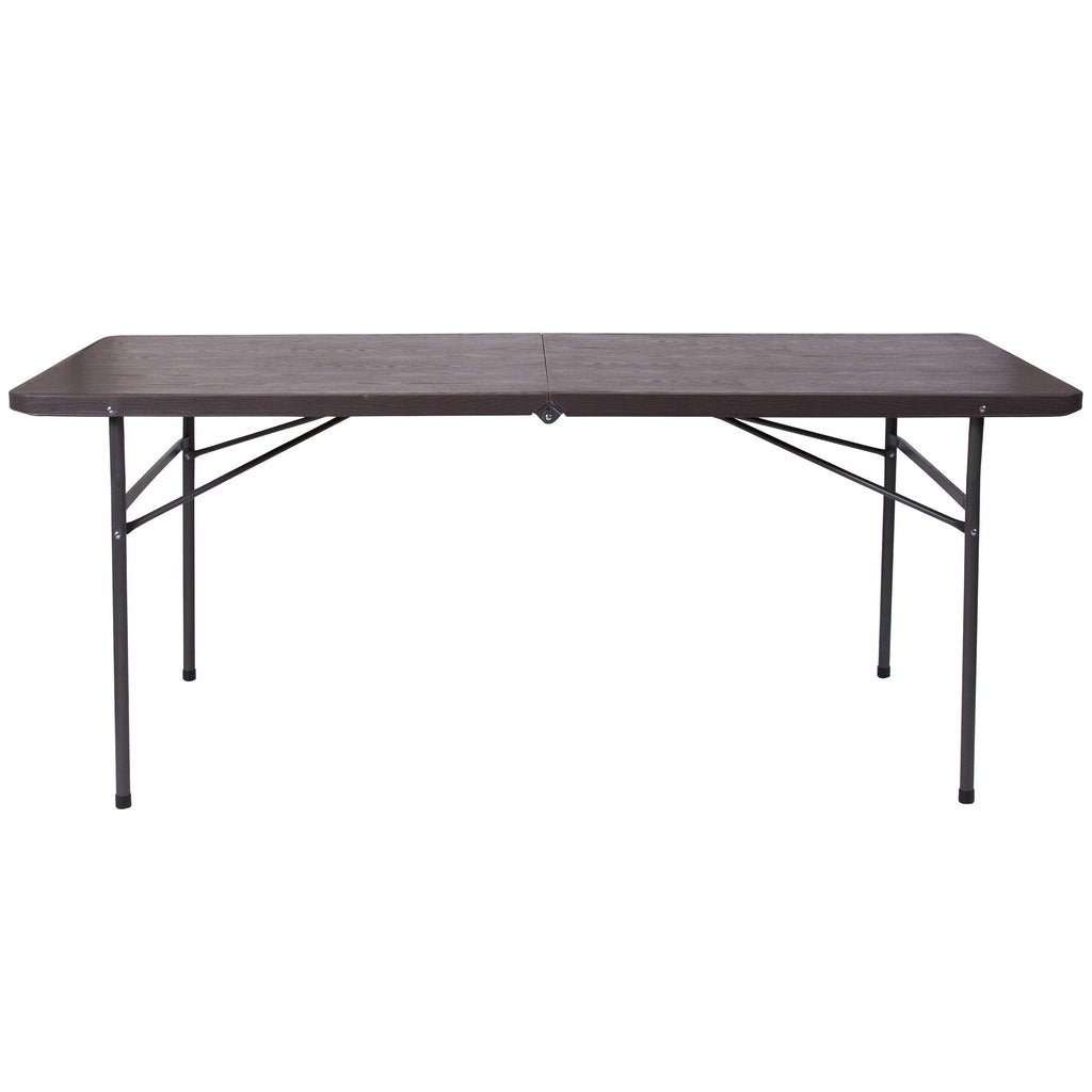 Bi-Fold Brown Wood Grain Plastic Folding Table with Carrying Handle T587742
