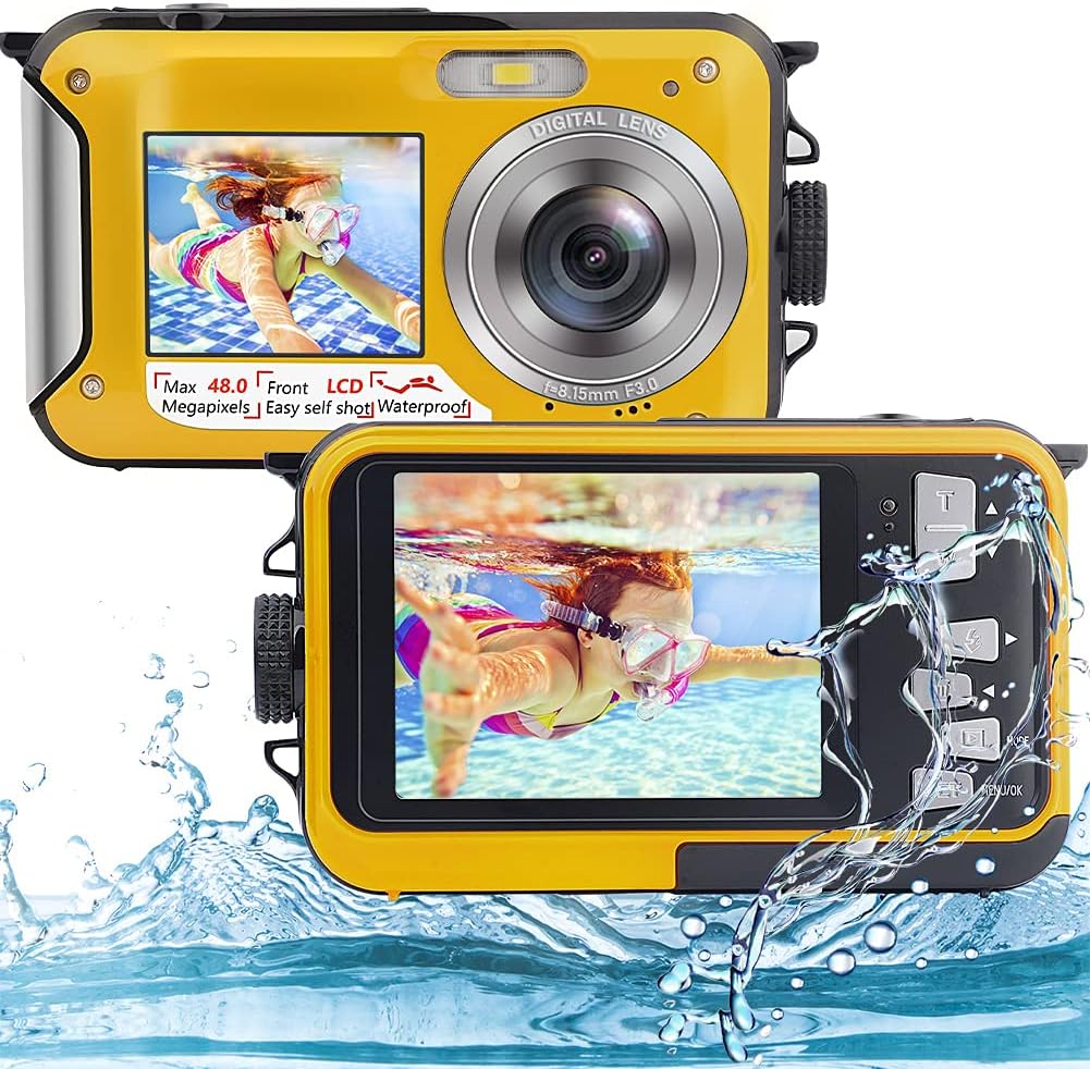 Yellow 2.7K 48MP Waterproof Camera Dual Screen Self-Timer 16X Digital Zoom Pack of 2 O3604