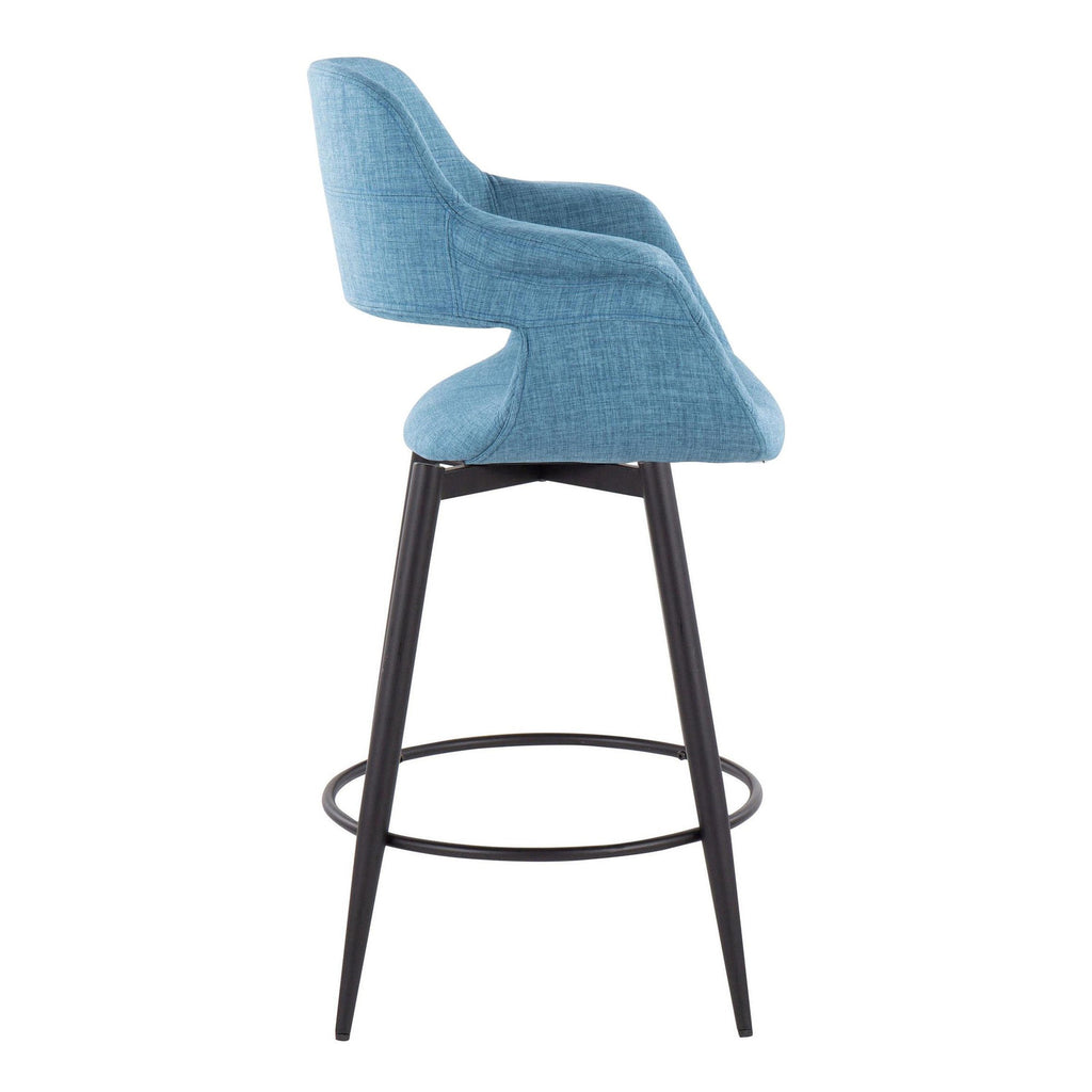 26" Mid-Century Modern Counter Stool with Swivel in Matte Black Metal and Blue Fabric with Round Metal Footrest - Set of 2 Z3292